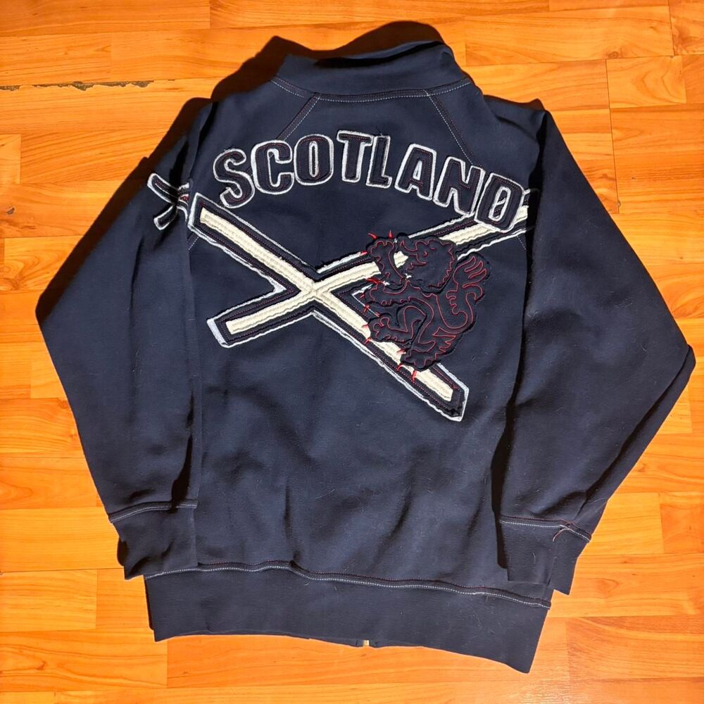 Vintage Scotland Navy Quarter Zip Embroidered Pullover Size M Retro